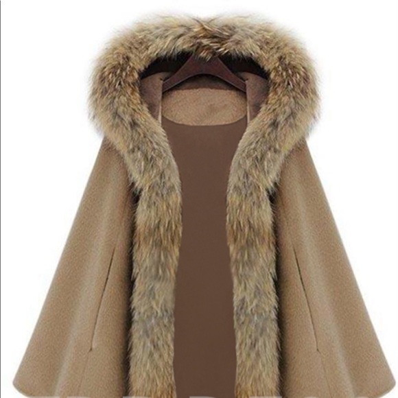 Hooded Big Faux Fur Lapel With Horn Button Women’s Cape Coat - Picture 3 of 17